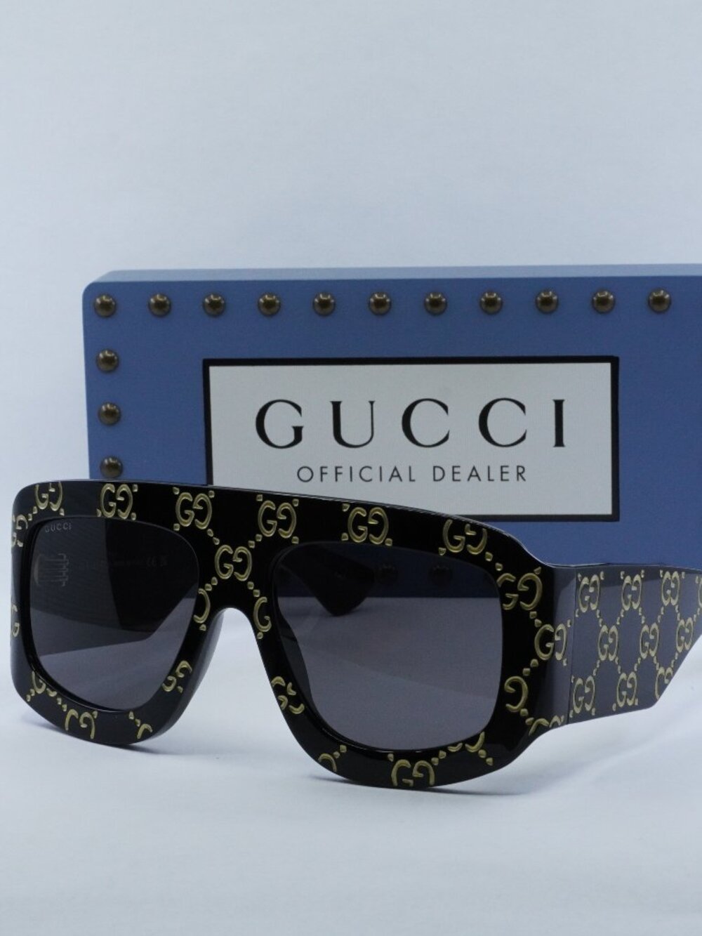 Gucci GG0983S 004 Square Sunglasses - Black With Gold GG Pattern\Grey